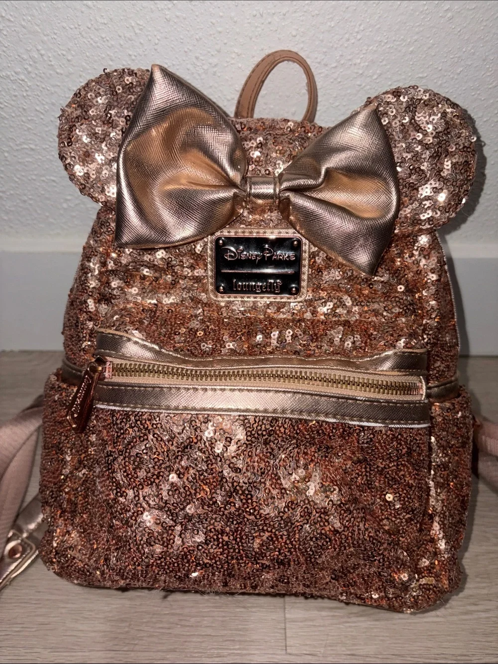 Loungefly Rose Gold Sequin Mini Backpack with Bow and Ears